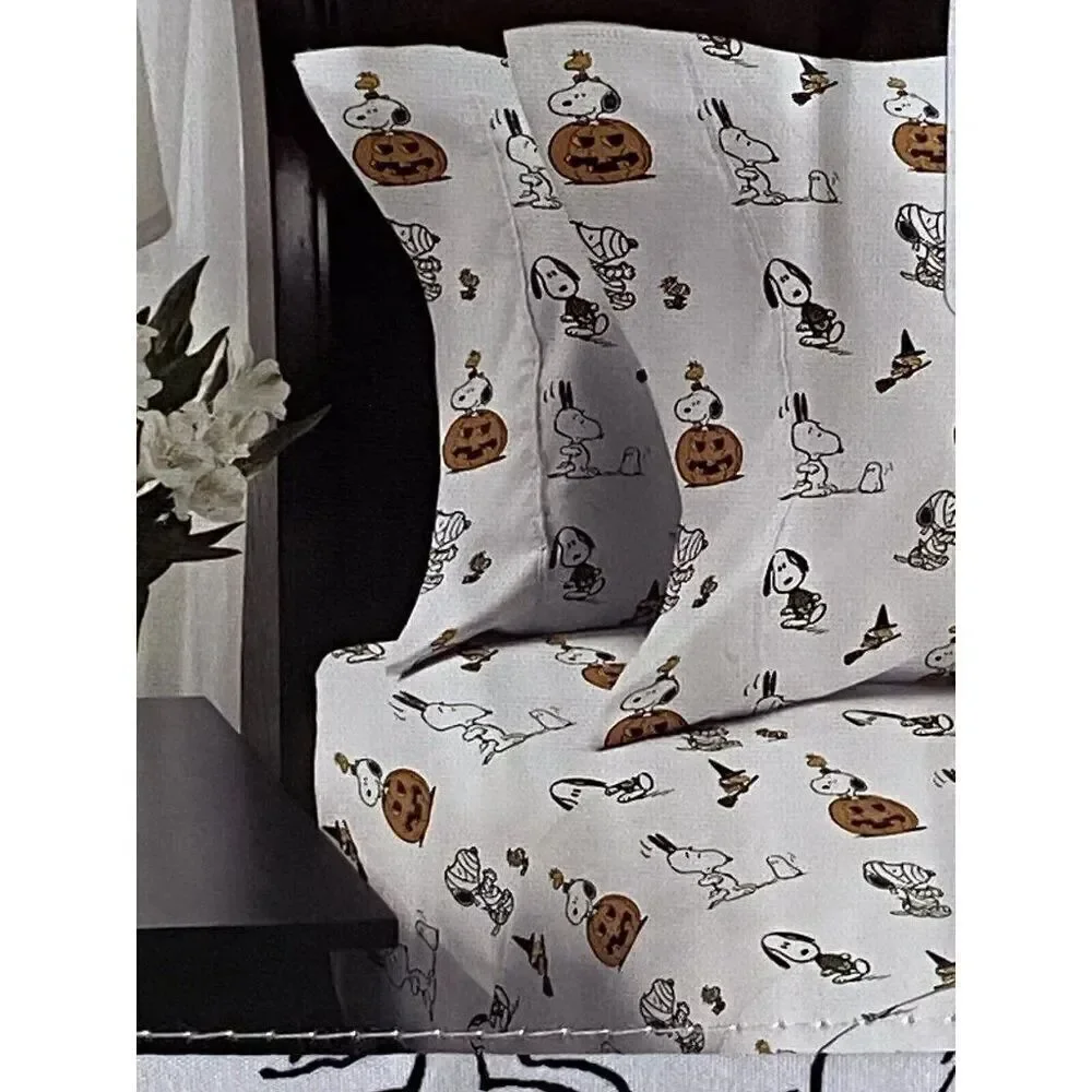 Peanuts Snoopy Halloween Costumes QUEEN Sheet‎ Set Ghost Mummy Skeleton NEW